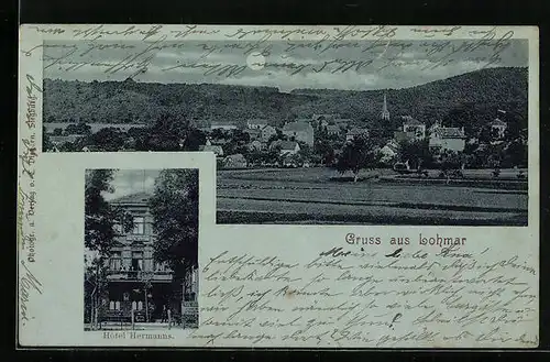 Mondschein-AK Lohmar, Hotel Hermanns, Panorama der Ortschaft