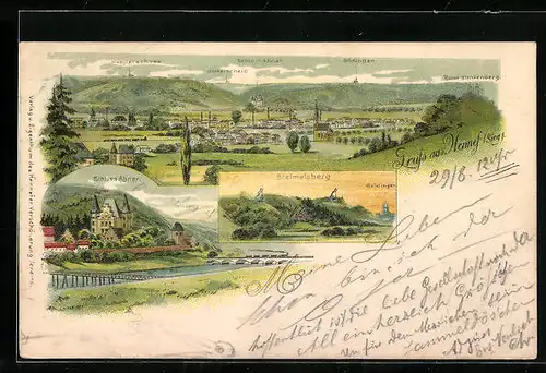 Lithographie Hennef a. d. Sieg, Schloss Allner, Panorama der Ortschaft