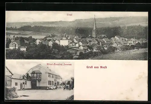 AK Much, Hotel-Pension Joesten, Panorama mit Kirche