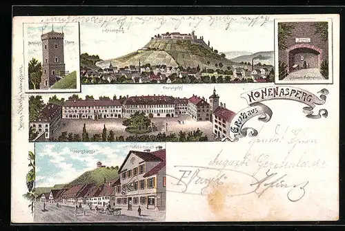 Lithographie Hohenasperg, Gasthaus zum Hirsch in der Hauptstrasse, Festungshof, Panorama