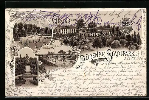 Lithographie Düren, Stadtpark, Alte Brücke, Kaiser Denkmal