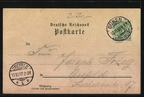 Lithographie Düren, Stadtpark, Alte Brücke, Kaiser Denkmal