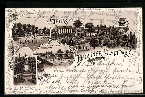 Lithographie Düren, Stadtpark-Partie, Alte Brücke, Kaiser Denkmal