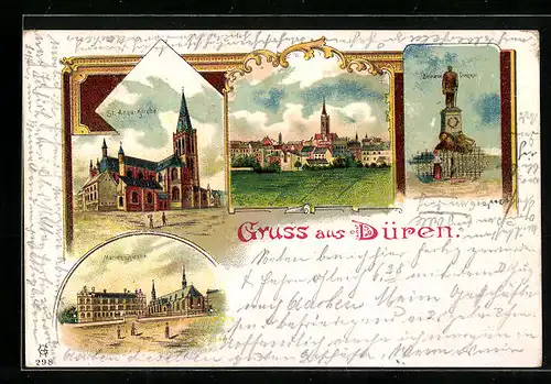 Lithographie Düren, Bismarck-Denkmal, Marien-Kirche