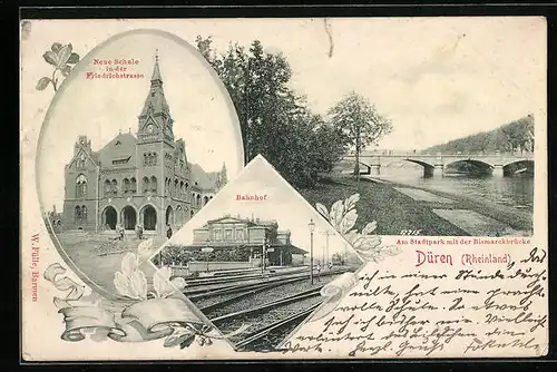 AK Düren, Bahnhof, Stadtpark mit Bismarckbrücke