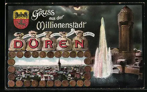 AK Düren, Totalansicht, Springbrunnen und Wappen