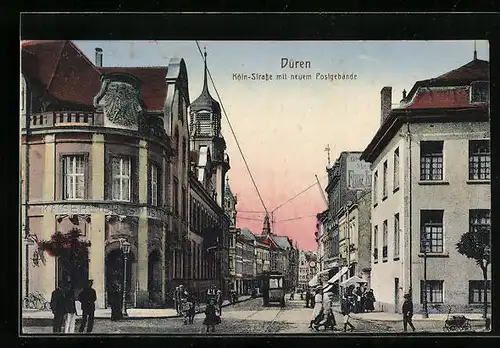 AK Düren, Köln-Strasse mit neuem Postgebäude