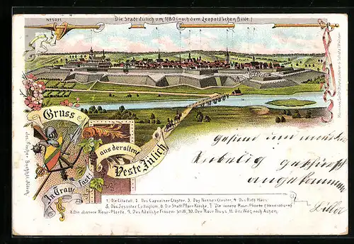 Lithographie Jülich, Totalansicht, Die Stadt um 1780