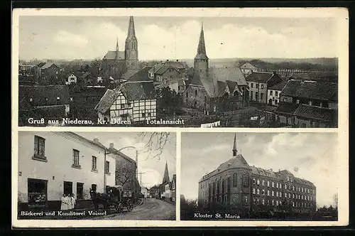 AK Niederau b. Düren, Ortsansicht mit Bäckerei Voissel und Kloster St. Maria