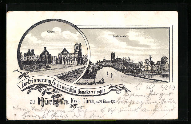 Lithographie Hürtgen B. Düren, Dorfansicht, Kirche, Zur Erinnerung An ...