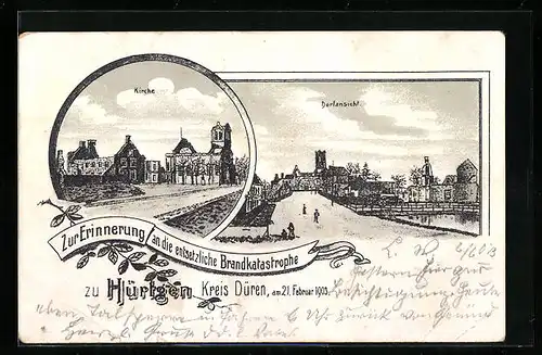 Lithographie Hürtgen b. Düren, Dorfansicht, Kirche, Zur Erinnerung an die Brandkatastrophe