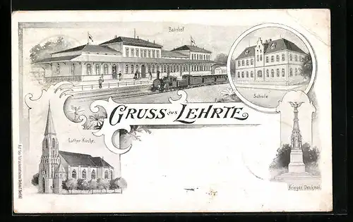 AK Lehrte, Bahnhof mit Bahnsteig, Luther-Kirche, Schule