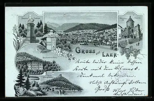 Mondschein-Lithographie Lahr, Gesamtansicht, Reichswaisenhaus, Storchen-Thurm