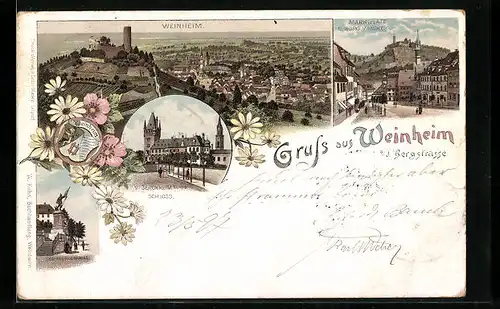 Lithographie Weinheim, Gesamtansicht mit Burg, Marktplatz mit Burg Vindeck