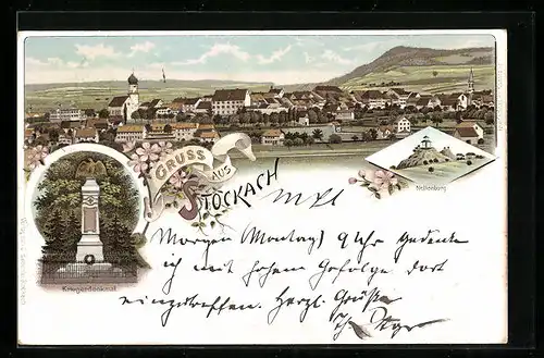 Lithographie Stockach, Gesamtansicht, Nellenburg, Kriegerdenkmal