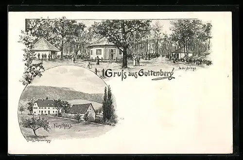 Künstler-AK Reichenberg / Ufr., Gasthof Forsthaus Guttenberg mit Anlagen, Franz-Scheiner-Karte