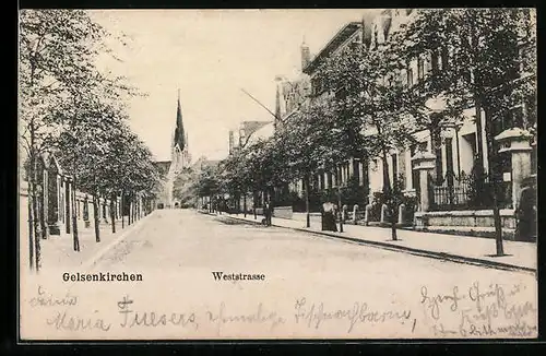 AK Gelsenkirchen, Weststrasse mit Kirche