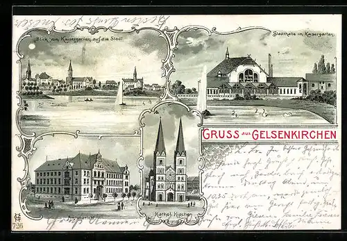Lithographie Gelsenkirchen, Blick vom Kaisergarten auf die Stadt, Stadthalle im Kaisergarten