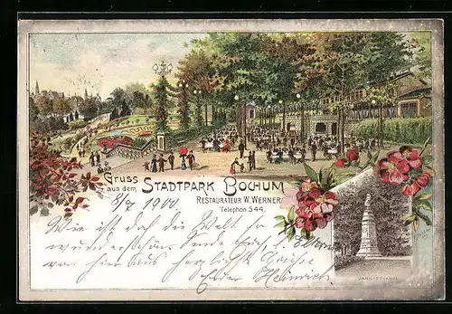 Lithographie Bochum, Stadtpark mit Gasthof, Restauranteur W. Werner
