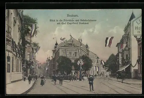 AK Bochum, Blick in die Friedrich- und Bahnhofstrasse mit Graf Engelbert Denkmal