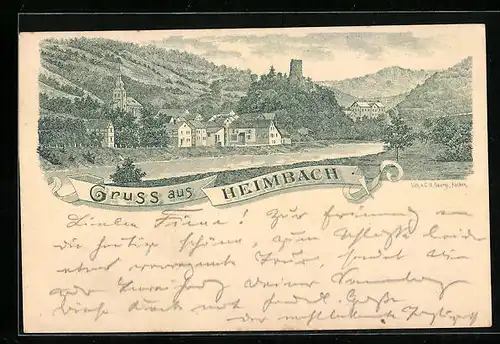 Lithographie Heimbach, Ortspartie mit Kirche