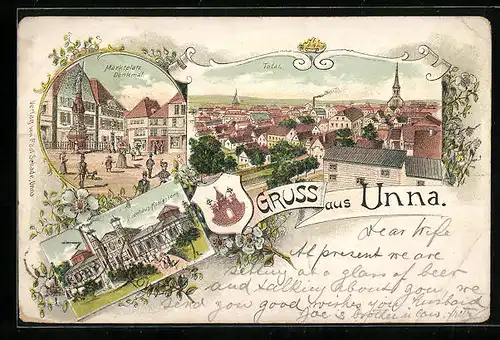 Lithographie Unna, Marktplatz mit Denkmal, Badehaus-Königsborn