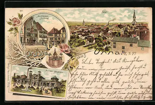 Lithographie Unna, Marktplatz, Denkmal, Badehaus-Königsborn