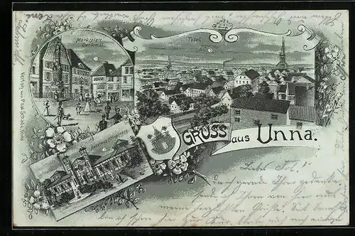 Mondschein-Lithographie Unna, Badehaus-Königsborn, Marktplatz mit Denkmal