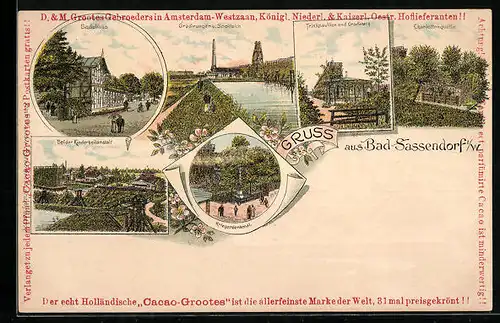 Lithographie Bad Sassendorf i. W., Trinkpavillon, Charlottenquellen, Badehaus