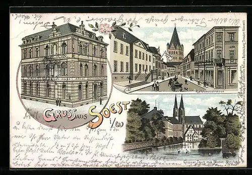 Lithographie Soest i. W., Rathhausstrasse, Grosser Teich mit Wiesen-Kirche