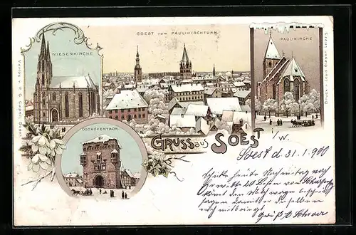Winter-Lithographie Soest i. W., Osthofenthor, Wiesenkirche, Paulikirche