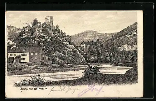 Lithographie Heimbach, Häuser und Ruine am Fluss