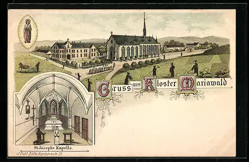 Lithographie Mariawald, Ansicht vom Kloster, St. Josephs-Kapelle