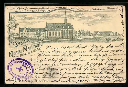 Lithographie Heimbach /Eifel, Kloster Mariawald