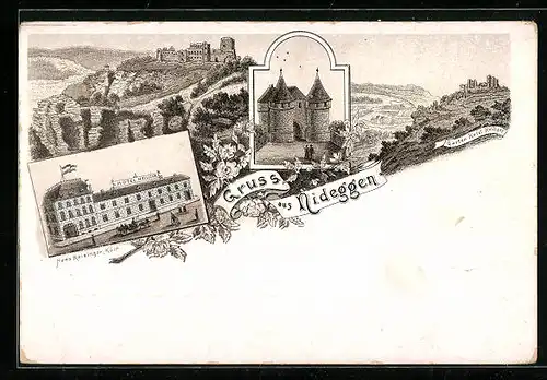 Lithographie Nideggen, Hotel Heiliger, Blick auf Burgen