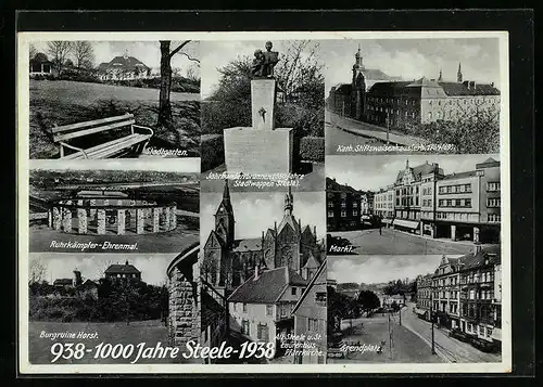 AK Steele, 1000 Jahrfeier der Stadt 1938, Ruhrkämpfer-Ehrenmal, Kath. Stiftswaisenhaus