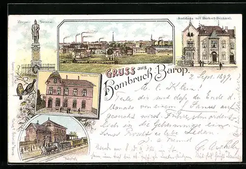 Lithographie Hombruch-Barop, Totalansicht mit Bahnhof, Post und Amtshaus