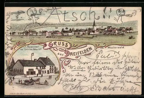 Lithographie Dreifelden /Westerwald, Gasthof von Christian Käss, Ortsansicht