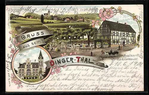 Lithographie Dinger-Thal, Gasthaus Wwe. Wilh. Erlenbauer, Schloss Dorloh