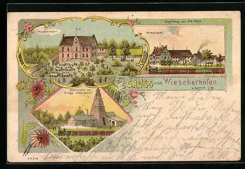 Lithographie Wiescherhöfen b. Hamm, Gasthaus von Alb. Refus mit Garten, Bohrturm von H. Lilje