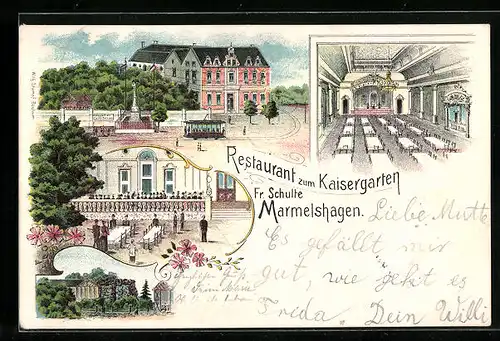 Lithographie Marmelshagen, Restaurant zum Kaisergarten von Fr. Schulte, Strassenbahn