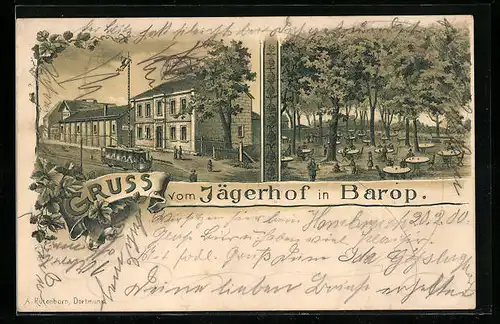Lithographie Barop, Gasthaus zum Jägerhof, Strassenbahn