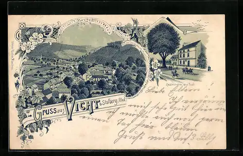 Lithographie Vicht b. Stolberg, Restaurant zur Post, Ortsansicht aus der Vogelschau