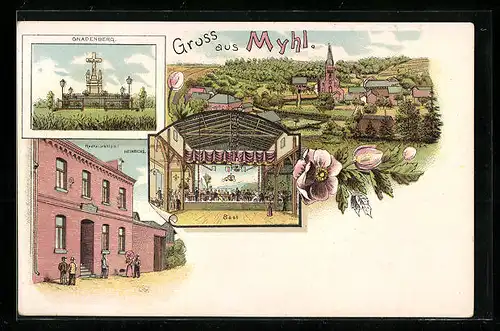 Lithographie Myhl, Restaurant Heinrichs, Gnadenberg, Ortsansicht