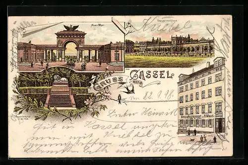 Lithographie Kassel, Hotel & Restaurant von H. Maus, Orangerieschloss, Aue-Tor