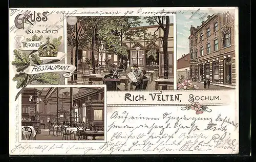 Lithographie Bochum, Kronen-Restaurant, Innenansicht, Hof