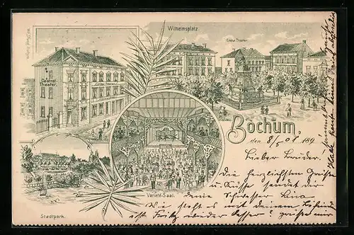 Lithographie Bochum, Central-Theater, Inneres Varieté-Saal, Wilhelmsplatz mit Denkmal