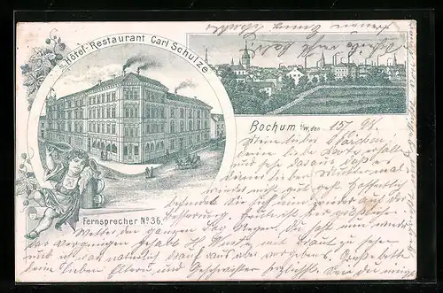 Lithographie Bochum i. W., Hotel-Restaurant Carl Schulze, Ortspartie