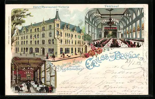 Lithographie Bochum, Hotel-Restaurant Victoria, Innenansichten Festsaal und Restaurant