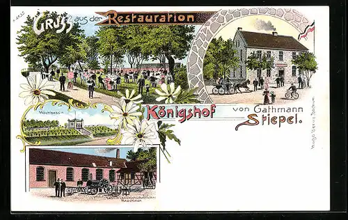 Lithographie Stiepel, Restaurant Königshof von Gathmann, Garten, Fabrik landwirtschaftlicher Maschinen